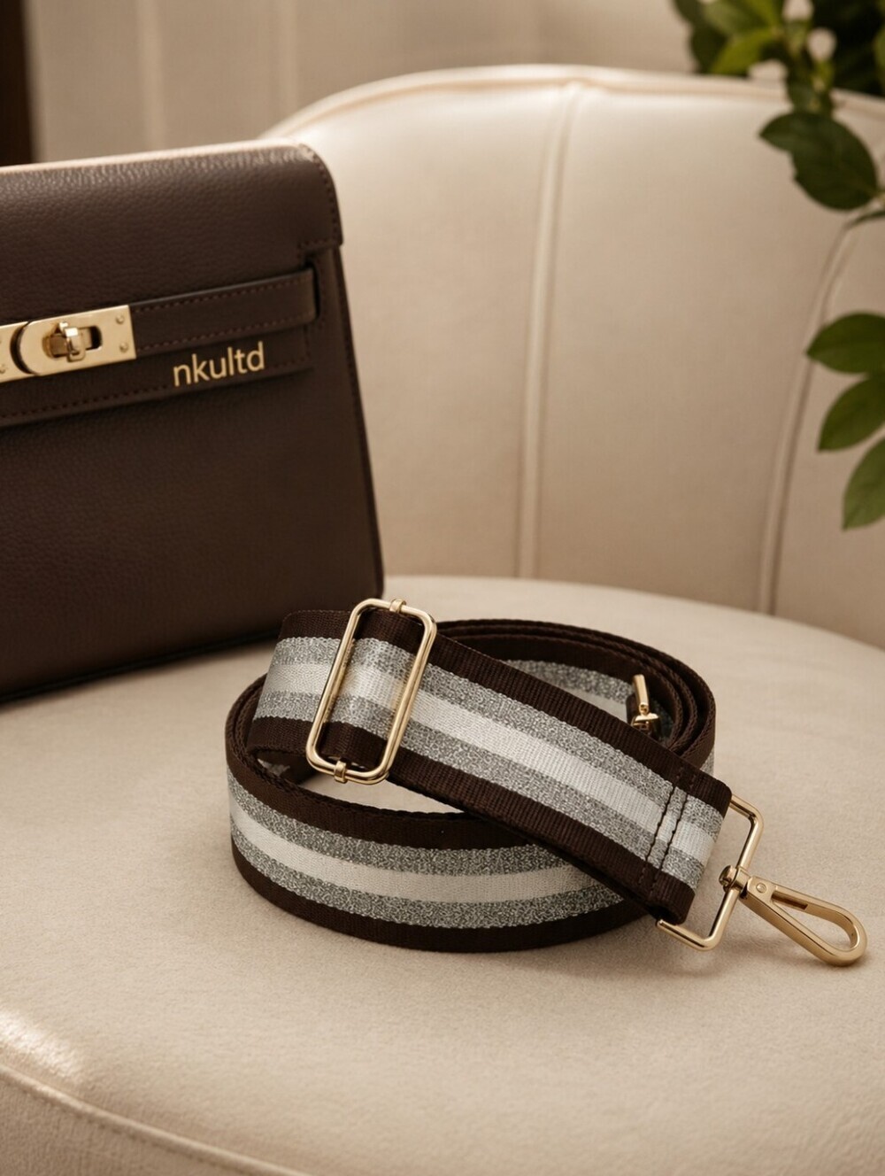 Brown Silver Stripe Bag Replacement Strap Goldenโ Hardware Adjustable Casual - Picture 10 of 10